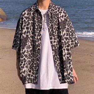 短袖衬衫春款男港风潮流冰丝豹纹五分袖衬衫CS17P30图片