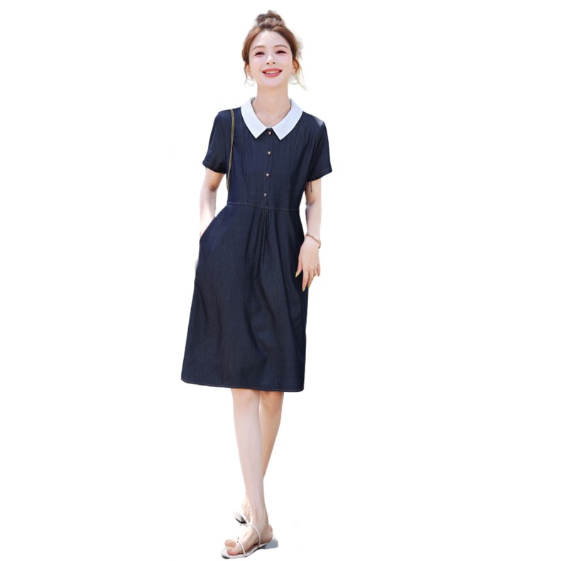 娃娃领连衣裙女2025新款中长款夏季短袖高级感减龄妈妈夏装裙子潮,女装连衣裙,梦芯尔