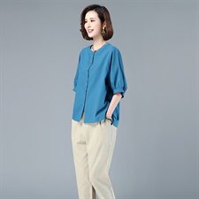 衬衫时尚百搭圆领短袖纯色宽松2021年夏季，女装衬衫，独衣靓