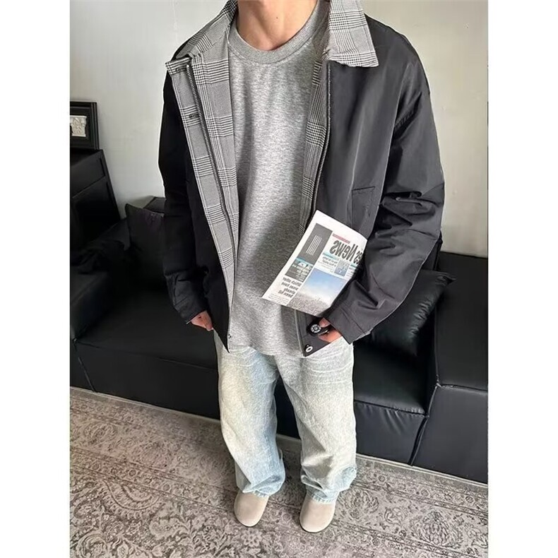 复古格纹拼接假两件棉服外套男女春秋冬季加厚保暖棒球服夹克翻领，男装夹克，星座506A