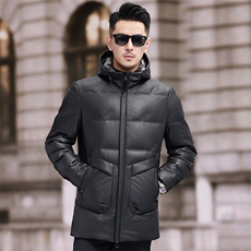 冬季新款男士真皮羽绒服连帽中长款皮衣绵羊皮轻便外套保暖大衣厚，男装皮衣，电商B360