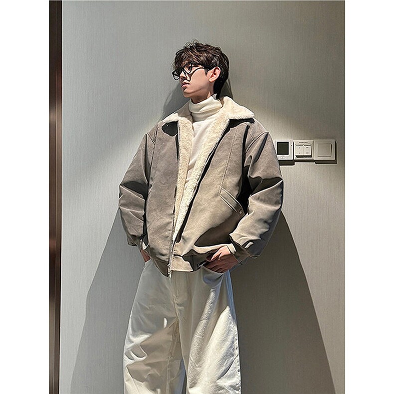 现货重磅硬挺boxy羽绒棉衣座山雕羊羔毛领洗水麂皮棉服冬外套,男装棉衣,电商A486