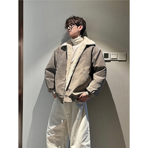 现货重磅硬挺boxy羽绒棉衣座山雕羊羔毛领洗水麂皮棉服冬外套图片