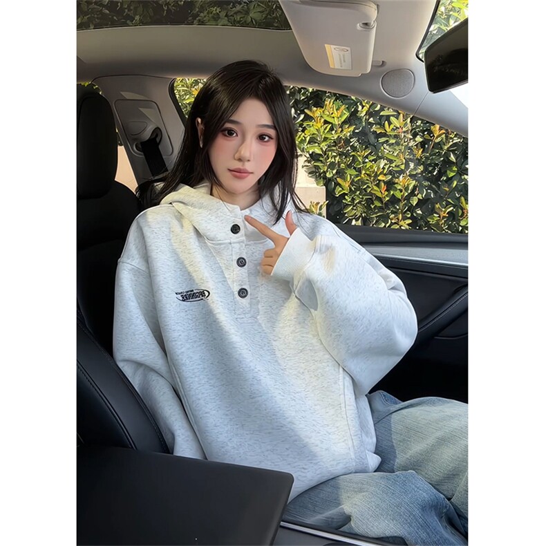白灰色亨利领连帽卫衣男款秋季美式复古潮牌帽衫情侣重磅叠穿外套,男装卫衣,电商B295