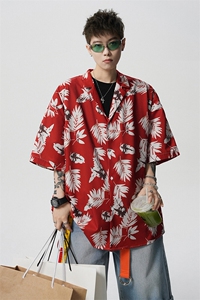 8XL-M 冰丝凉感衬衣垂感透气复古花纹宽松男五分袖短袖衬衫CS526图片