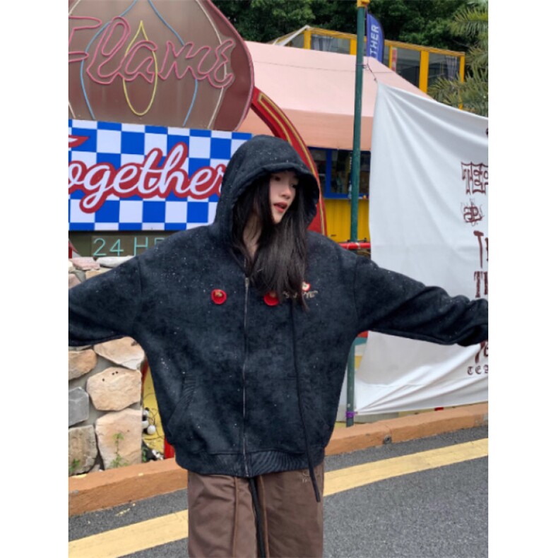 冬新款苹果刺绣连帽卫衣女宽松趣味设计感亮片开衫外套,女装短外套,星座506A