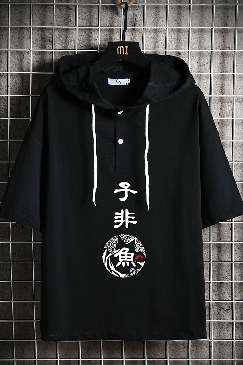 LD54070-P45连帽短袖t恤男大码胖子带帽五分袖中袖网格挂拍,男装T恤,电商A040A