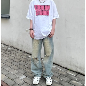 高街破洞牛仔裤水洗直筒高街痞帅宽松阔腿长裤子K7018-P45网络图图片