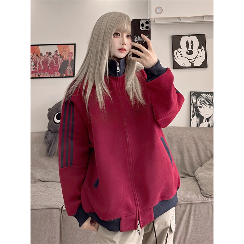 抖音得物高品质美式高街重磅结构设计拼接织带立领卫衣外套CM42，女装短外套，电商A486-1