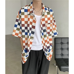403-CY04-P38 控58 格子花衬衫男短袖冰丝衬衣图片