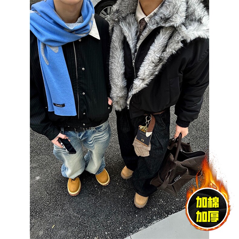 现货高品质美式高街重磅狼王座山雕毛毛领假两件棉衣加厚棉服外套，男装棉衣，电商A443