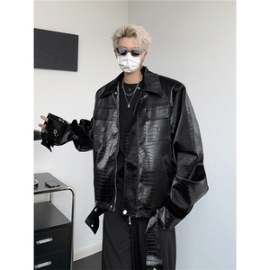 美式高街潮牌ins鳄鱼纹垫肩皮衣夹克男秋季百搭休闲PU皮短款外套图片