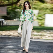 夏季新款简约气质圆领时尚图案印花复古盘扣装饰棉麻两件套，女装套装/套裙，贵人树