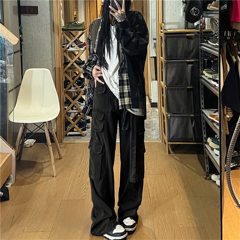 美式复古多口袋做旧工装裤女街头宽松显瘦直筒长裤潮K0202-P45,男装休闲裤,星座308B-1