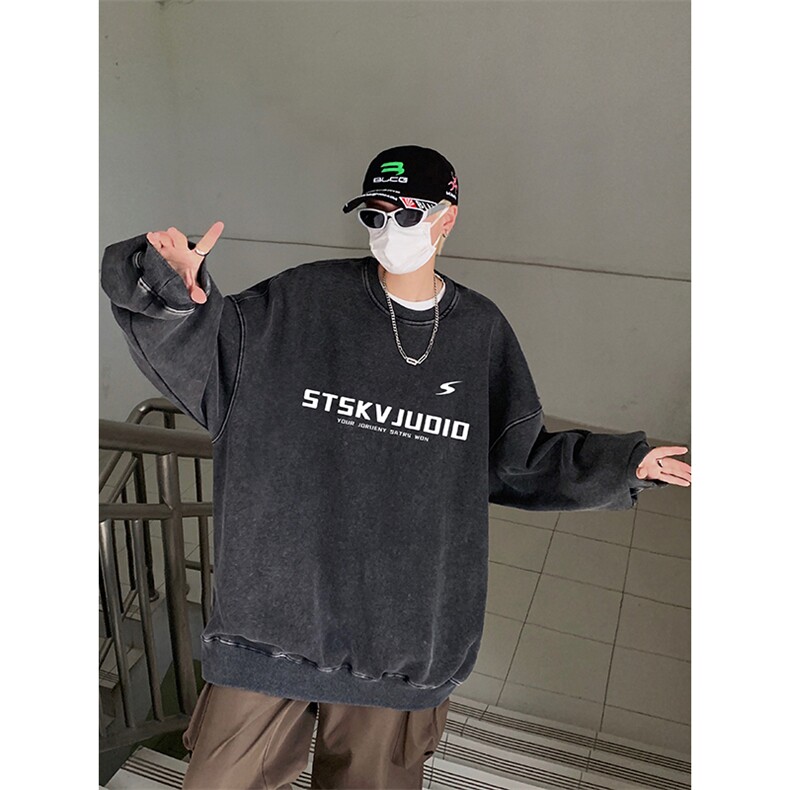 得物抖音高品质二开360克重磅做旧炒雪花纯色圆领水洗卫衣1514,男装卫衣,电商A486