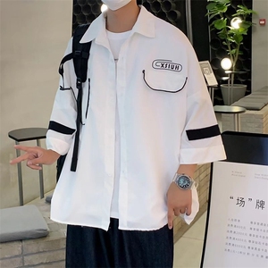港风短袖衬衫男夏季潮牌痞帅气白色五分半袖上衣工装衬衣图片