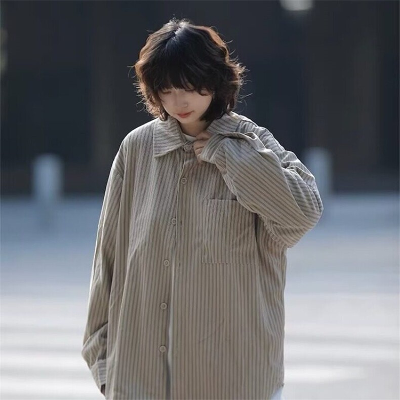 条纹长袖衬衫女日系复古早初秋季衬衣外套高级设计感小众法式上衣,女装衬衫,星座506A