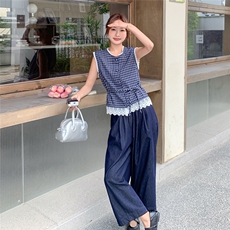 盐甜系小个子格纹背心套装女夏新款轻薄休闲显瘦牛仔阔腿裤两件套，女装套装/套裙，2C239
