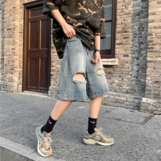 破洞牛仔短裤男夏季美式高街潮牌直筒痞帅休闲五分裤子DK0764-P38，男装牛仔裤，星座308B-1