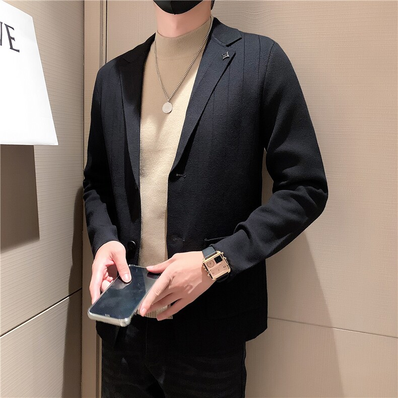 冬季暗条毛衣西装外套新品轻奢帅气时尚翻领针织衫P155控215元,男装针织衫/毛衣,星座1116A-2（原606A-1）