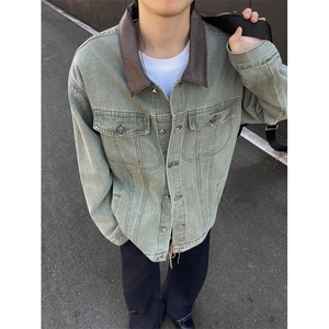 港风秋款男女牛仔夹克衫pu皮领宽松外套JK0072 P65图片