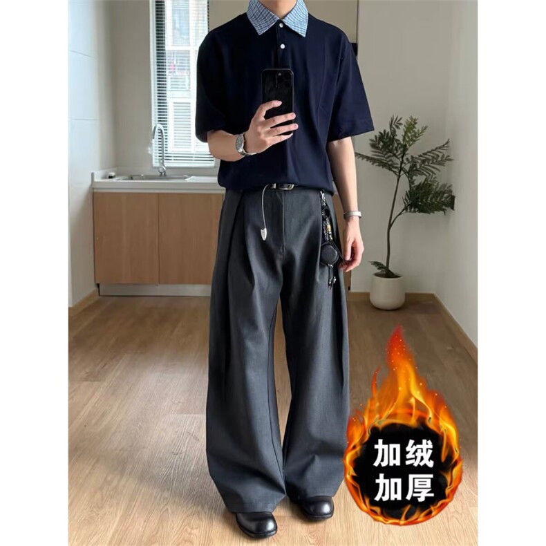 美式复古可调节腰带简约加绒西裤男女直筒cleanfit休闲裤子,男装西裤,星座1013-1