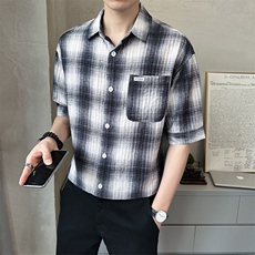 2025新款冰丝短袖格子衬衫男士翻领潮牌宽松上衣A313-W8012-P75，男装T恤，电商A313