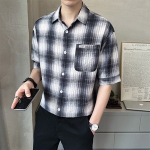 2025新款冰丝短袖格子衬衫男士翻领潮牌宽松上衣A313-W8012-P75图片