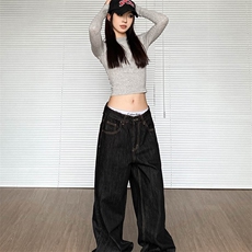 美式复古新款丹宁原色直筒牛仔裤男女宽松百搭阔腿拖地长裤子潮流，男装牛仔裤，星座302B