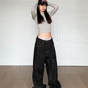 美式复古新款丹宁原色直筒牛仔裤男女宽松百搭阔腿拖地长裤子潮流图片