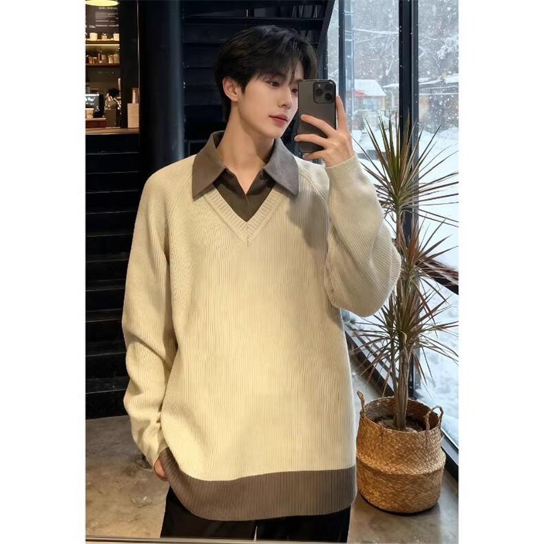 假两件翻领毛衣男款冬季加厚韩系慵懒风美式打底polo领针织衫MZ16，男装T恤，星座516A