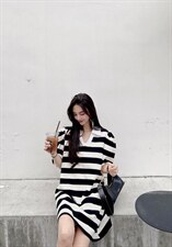 针织条纹连衣裙，女装连衣裙，爱俪佳娜