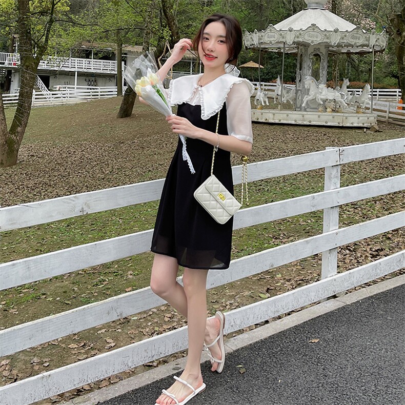 韩版学院风拼色连衣裙女2024夏季新款大尖领设计收腰气质感裙子,女装连衣裙,唯依ONLY