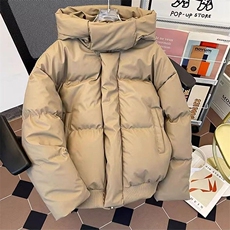 现货5W件冬季三防重磅boxy短款羽绒连帽PU皮棉衣外套防风加厚棉服，男装棉衣，电商A486