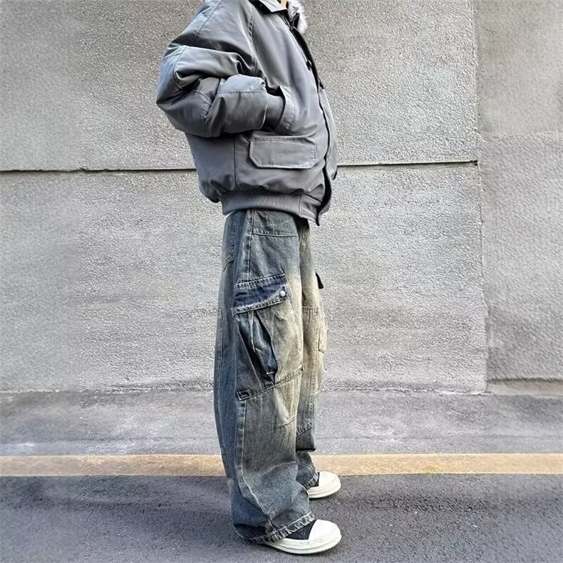 美式复古水洗解析多口袋弯刀牛仔裤男女高街宽松直筒阔腿工装裤子,男装牛仔裤,星座506A