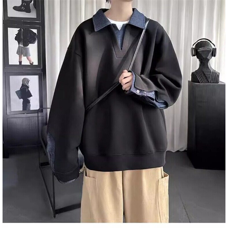 W9529-P50 网图现货 新款高质量拼接牛仔假两件卫衣图片