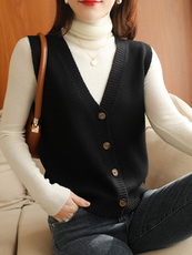 2025年秋季新款螺纹边四扣V领针织，女装马甲，洁纯羊绒