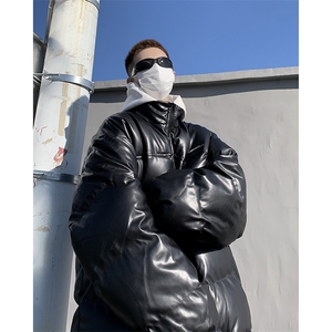 F66-P87 冬季美式潮牌简约立领棉衣美拉德风PU皮衣棉服外套男图片