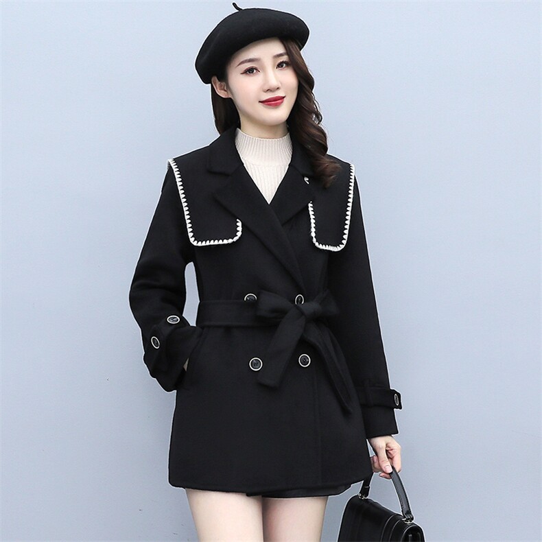 高级感毛呢外套女2021春秋季新款海军领气质女神范百搭中长款大衣,女装毛呢外套,千千佰惠