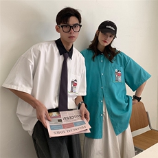 冰丝衬衫夏季学院风男女港风ins潮流学生情侣装短袖，男装衬衫，电商C306-1