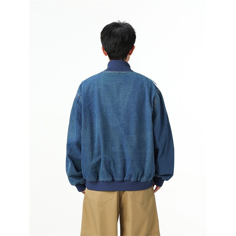 1506/Q10960/P100美式复古蓝色牛仔棒球拉链设计三条杠开衫上衣,男装卫衣,星座1506