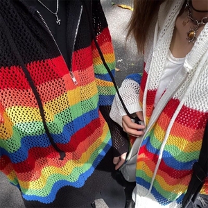 美式撞色镂空连帽针织开衫男女夏季防晒罩衫多巴胺春秋情侣衬衫图片