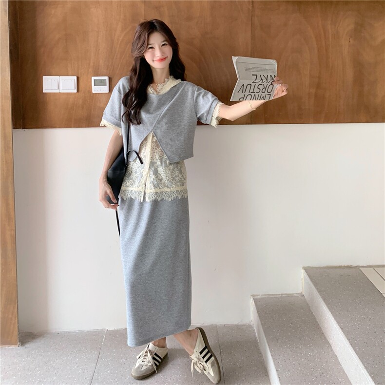 设计感时尚短袖卫衣蕾丝打底衫三件套装女2025夏季新款休闲半身裙,女装套装/套裙,2C133