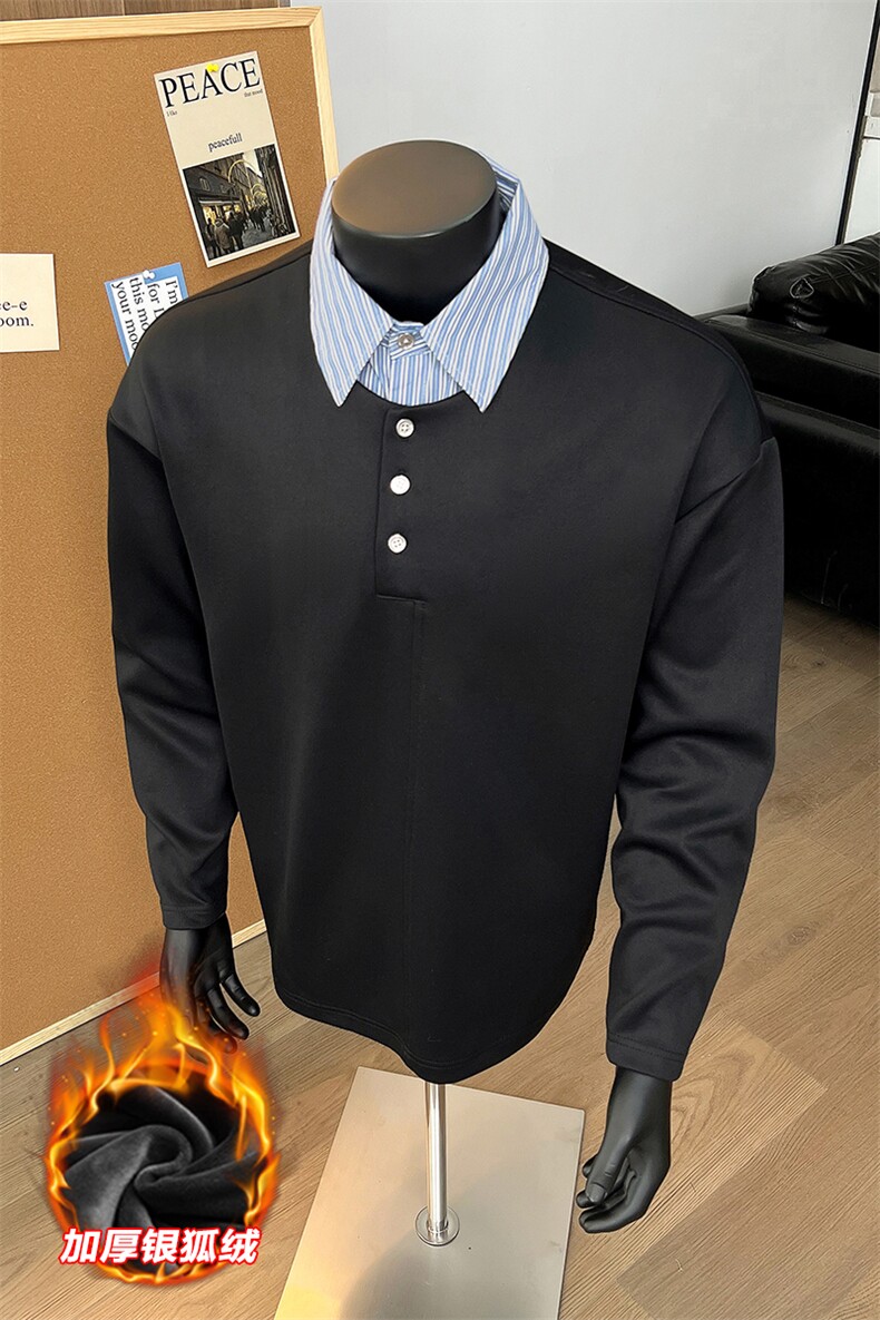 冬季银狐绒假两件衬衫领舒适宽松长袖卫衣男W2343J加绒-特P40控78,男装衬衫,电商A001