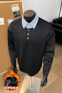 冬季银狐绒假两件衬衫领舒适宽松长袖卫衣男W2343J加绒-特P40控78图片