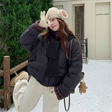 现货新款韩版宽松立领撞色格子袖口羽绒服短款外套面包服，女装羽绒服，网红馆