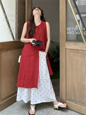 红色无袖衬衫叠穿连衣裙女夏波点阔腿裤两件套装裙巨好看超火爆款，女装套装/套裙，蝶眷