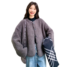 灰色轻熟风高级感豹纹拼接羊羔毛外套女2025冬季新款时尚气质上衣，女装毛呢外套，2C198