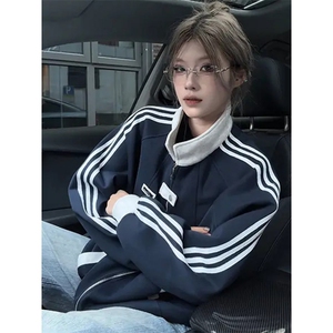W45-P38美式撞色条纹运动开衫卫衣男女学院风休闲夹克外套图片