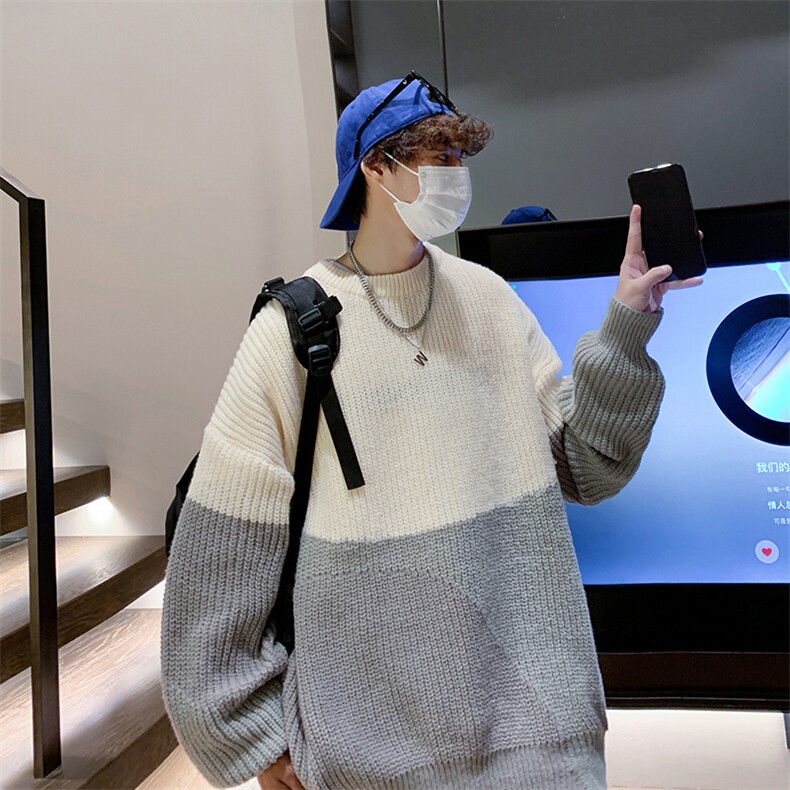 撞色圆领毛衣男春季ins潮流加厚针织衫宽松慵懒风百搭735-P45,男装针织衫/毛衣,星座1109-3